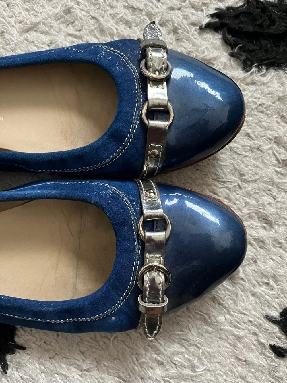 AGL size 40 Navy Leather & Patent Ballet Flats with Silver Buckle